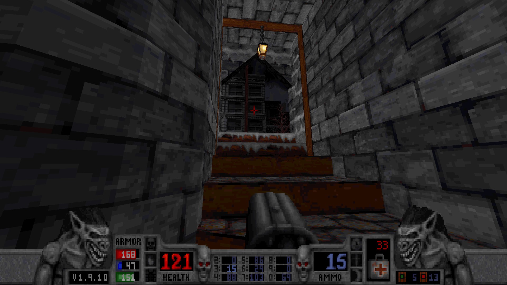 In-game photo of exiting a stone cellar into a snowy outside.