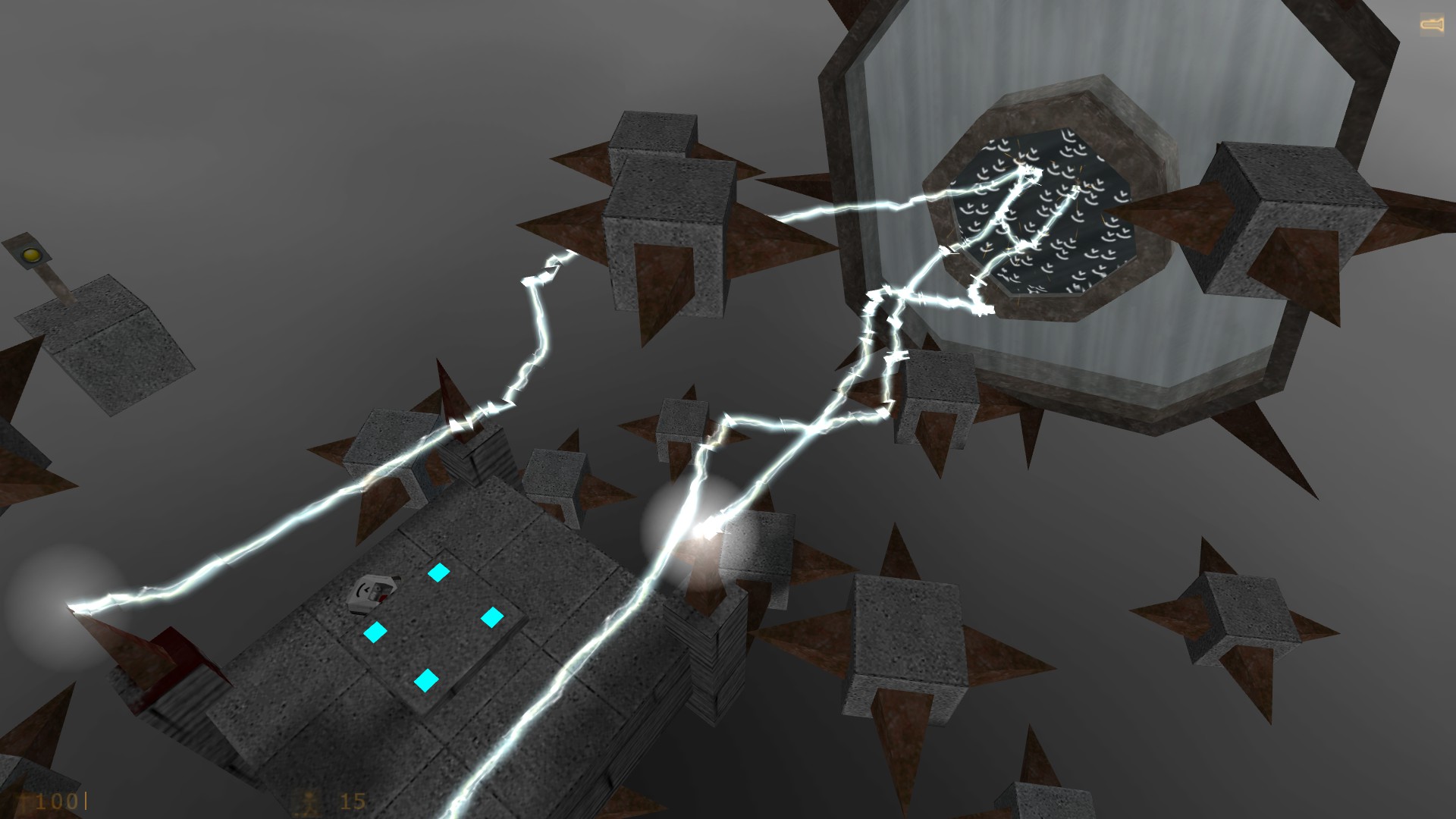 An arrangement of floating spiked blocks in a void, with a portal firing electrical bolts.