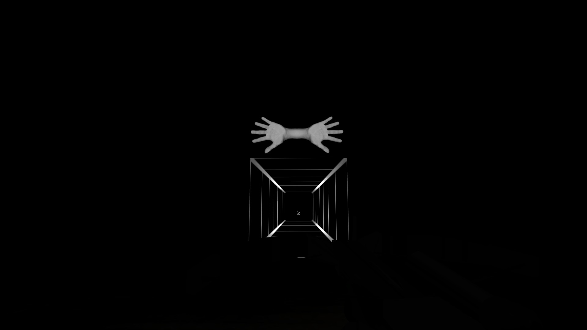 A white grid style corridor in a black void, below two open hands.