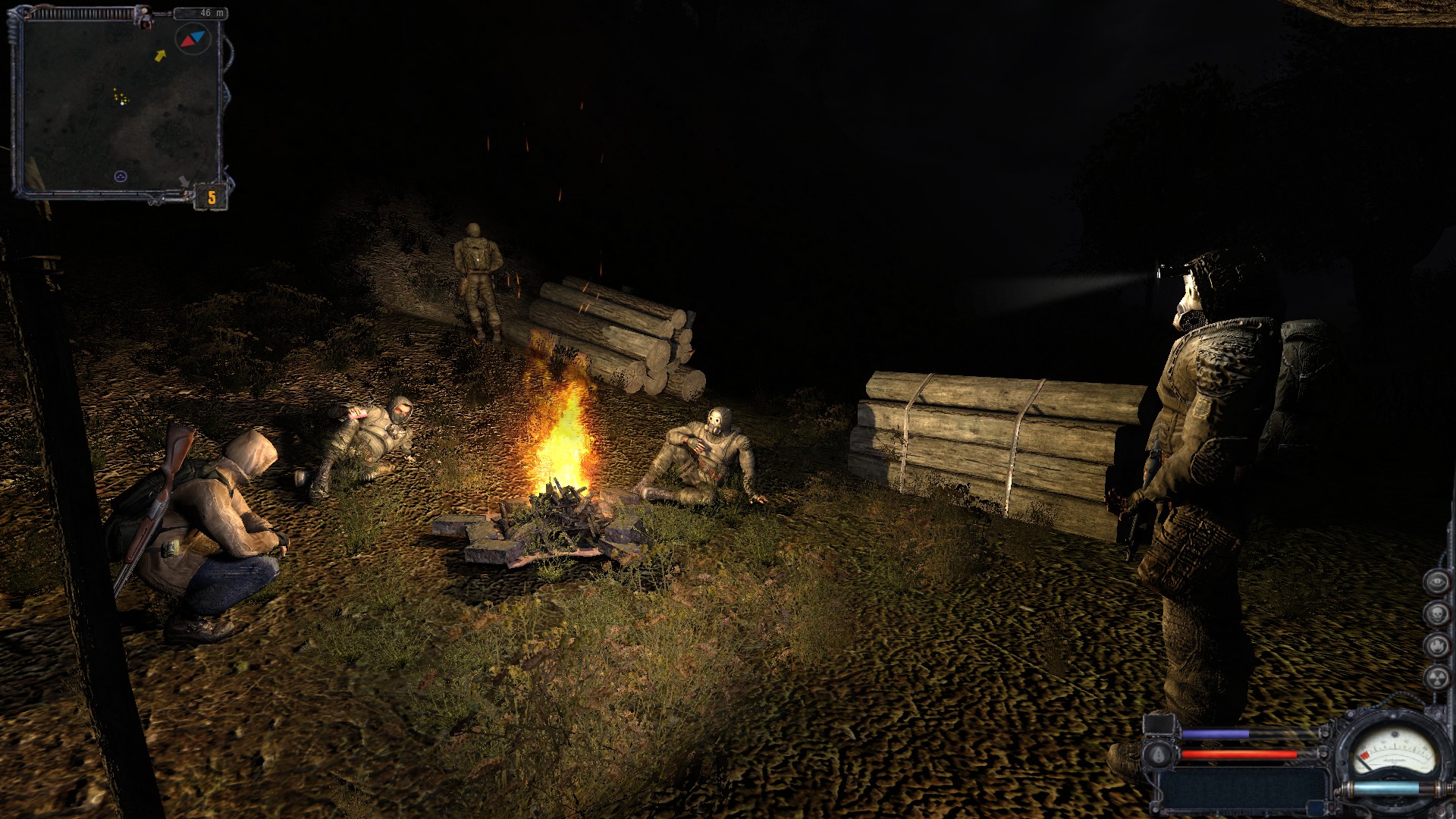 A group of stalkers around a fire in the night.