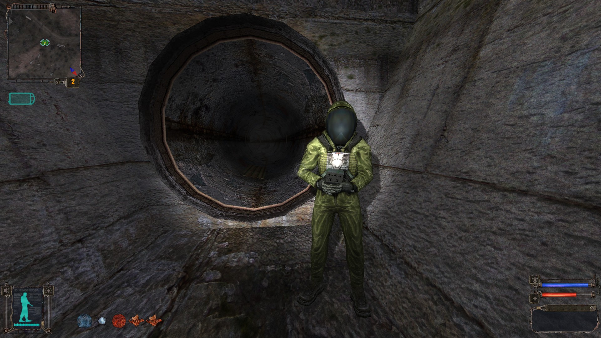 A person in a hazmat-style suit outside a sewer tunnel.